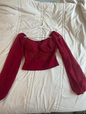 Windsor Deep Burgundy Lace Bustier Top with Sheer Long Sleeves